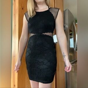 BCX NWT Semi Formal Dress Juniors 7 Black Embroidered Body w/Mesh Inserts